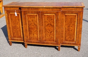 A reproduction George III style banded burr walnut breakfront side cabinet, width 154cm, depth 50cm, height 90cm